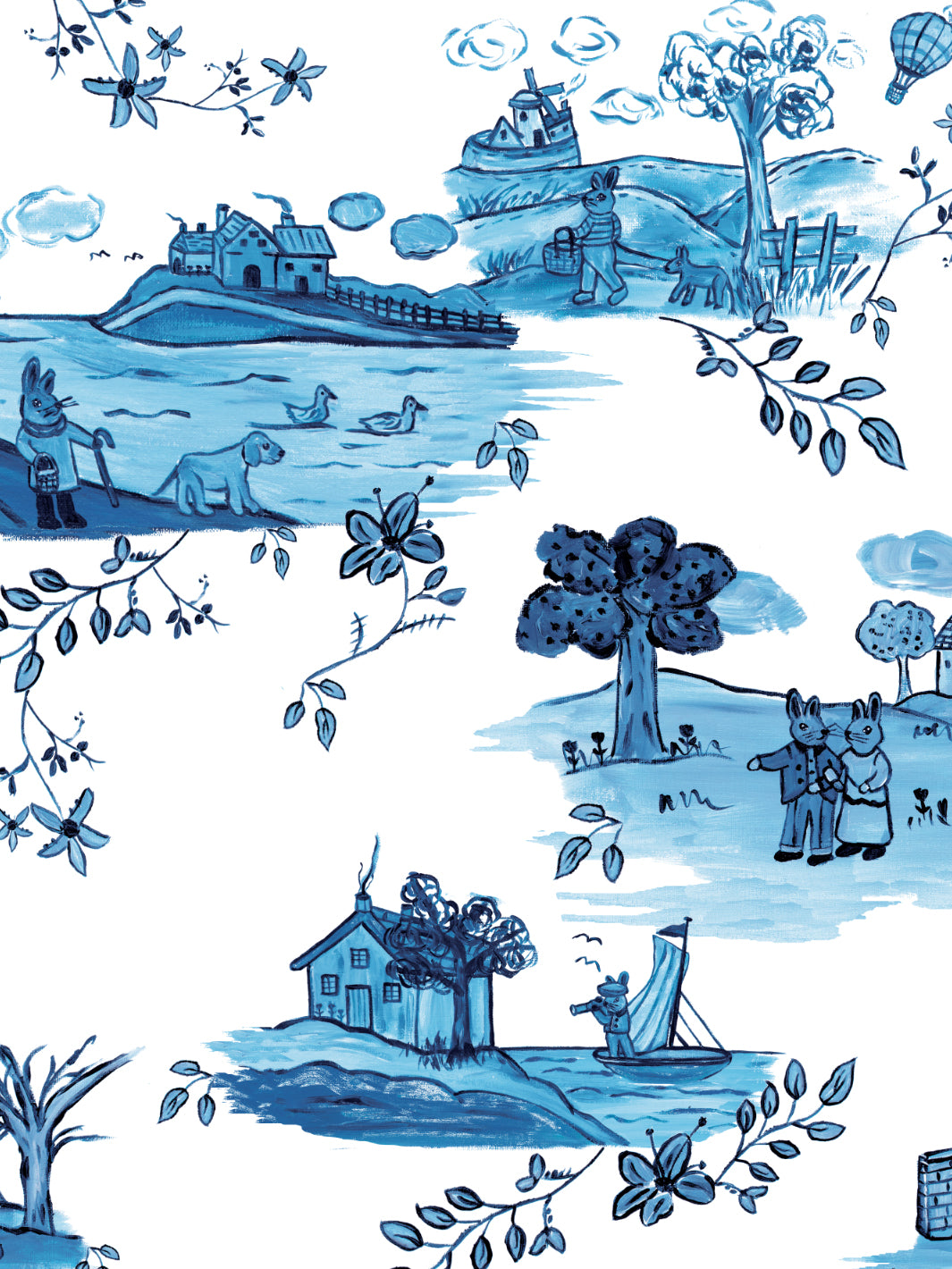 'Bunny Toile' Wallpaper by Carly Beck - Blue