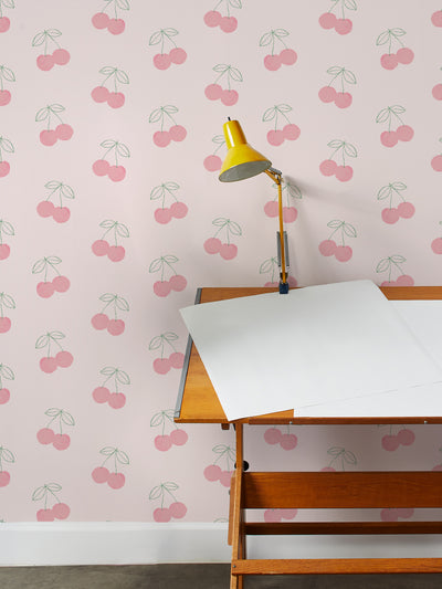 cherries wallpaper by tea collection pale pink