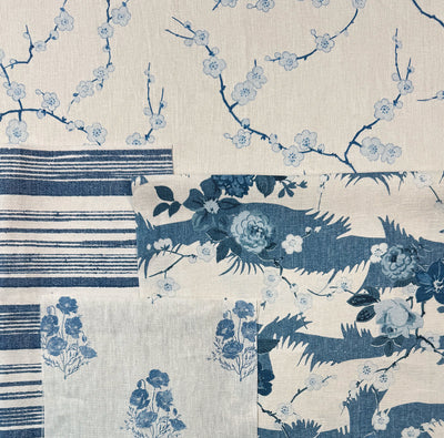 cherry blossom linen fabric by nathan turner blue