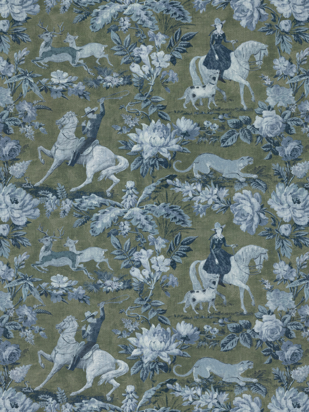 'Cowboy Toile' Linen Fabric by Nathan Turner - Army Green