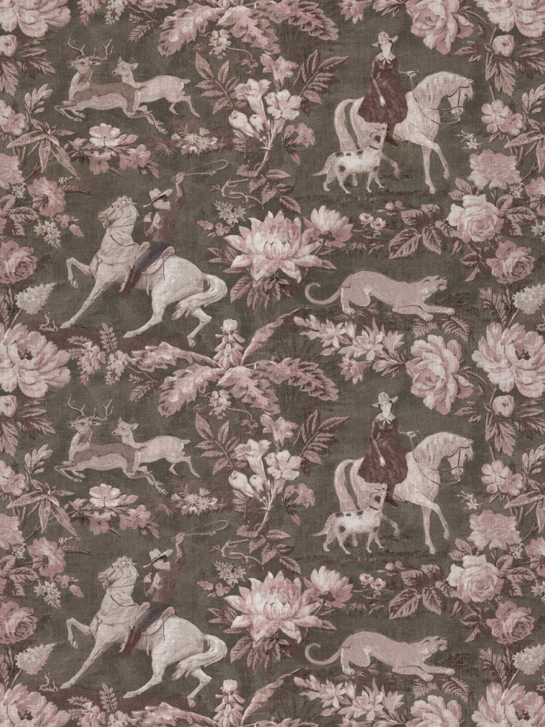 cowboy toile linen fabric by nathan turner pink brown