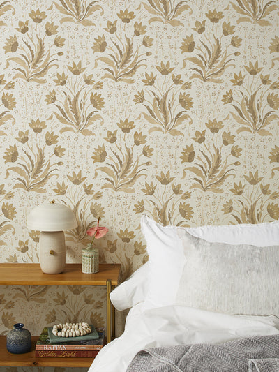 hillhouse floral tonal grasscloth wallpaper by nathan turner mustard