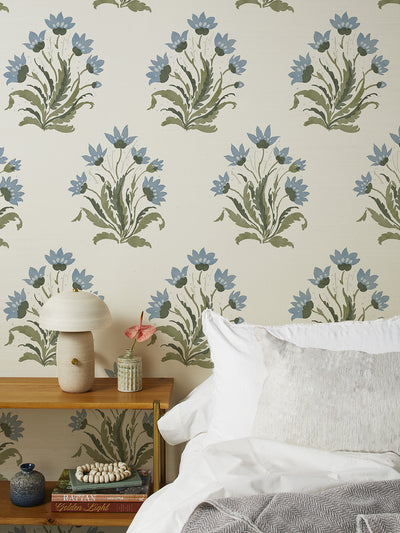 hillhouse block print large grasscloth wallpaper by nathan turner blue green