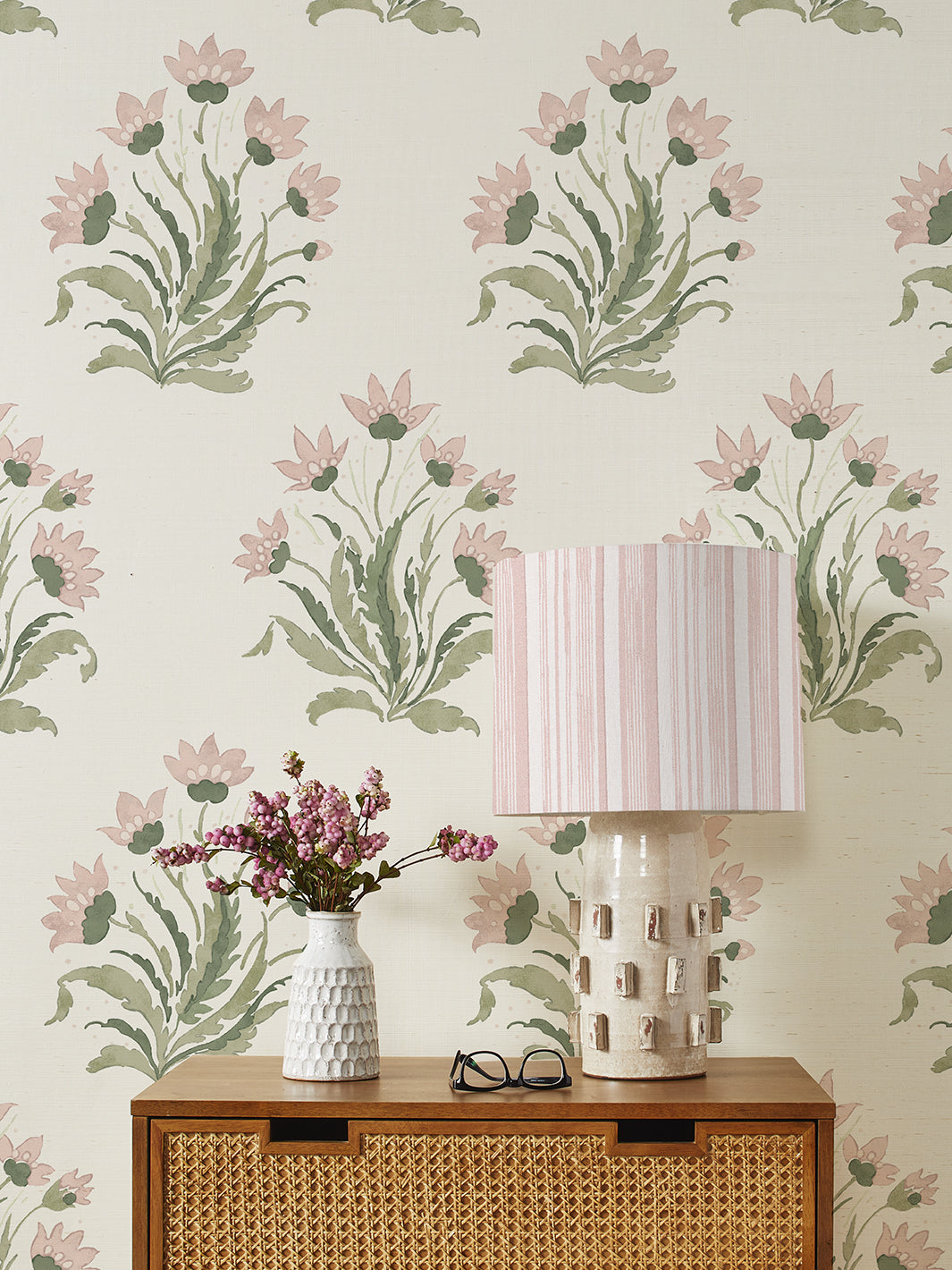 hillhouse block print large grasscloth wallpaper by nathan turner pink green