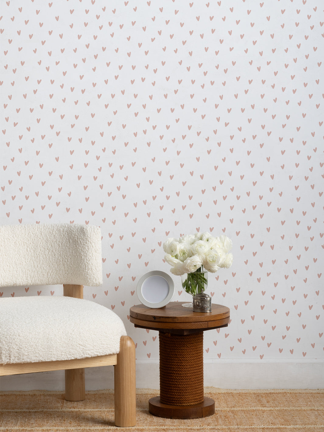 'Painted Hearts (White Ground)' Wallpaper by Sugar Paper - Rose